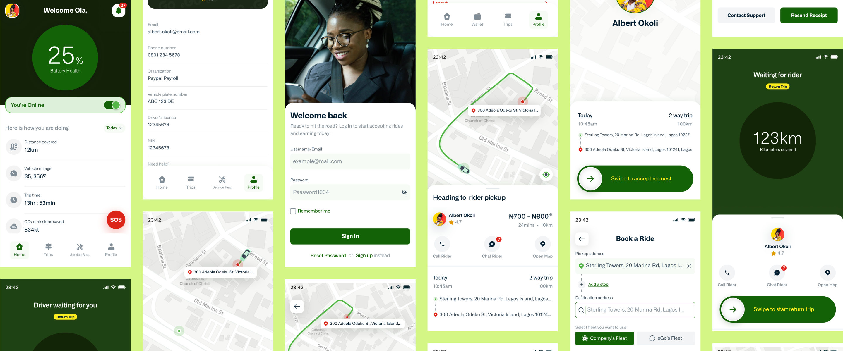 A mobile app with maps, ride details, and user info displayed.
